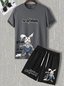 Manfinity Homme Men Cartoon & Slogan Graphic Tee & Shorts - Multicolor - View 3