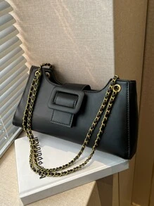 Buckle Decor Chain Bag - Black - View 1