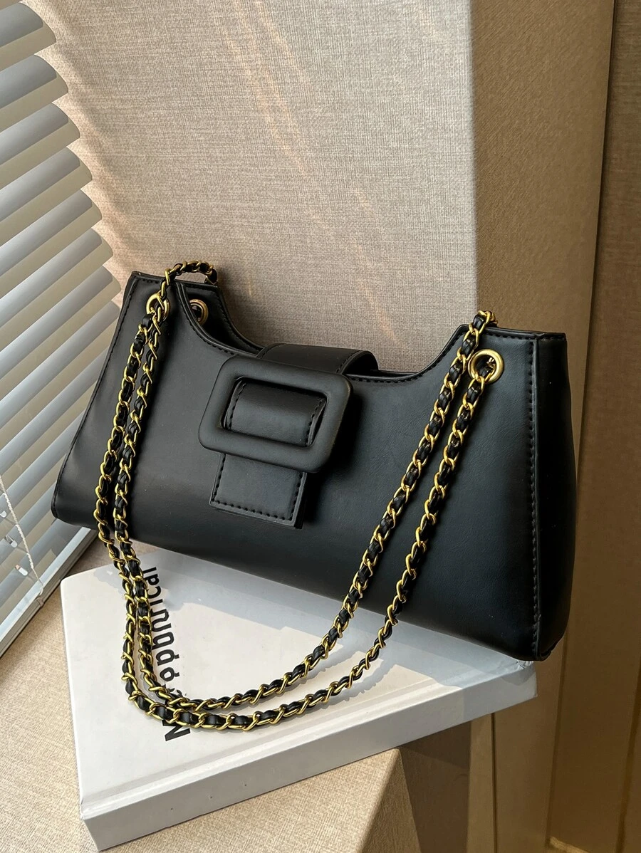 Buckle Decor Chain Bag - Black - View 1