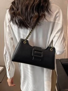 Buckle Decor Chain Bag - Black - View 2