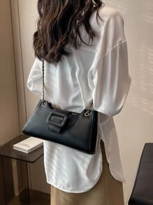 Buckle Decor Chain Bag - Black - View 4