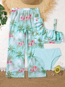 Tween Girl Tropical Print Ruffle Trim Bikini Set With Cover Up Pants Summer Beach - Mint Green - View 1