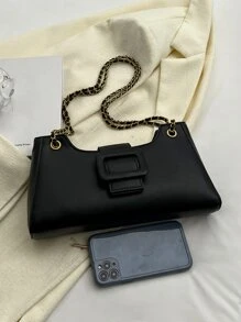 Buckle Decor Chain Bag - Black - View 5