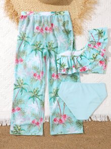 Tween Girl Tropical Print Ruffle Trim Bikini Set With Cover Up Pants Summer Beach - Mint Green - View 2