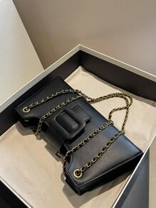 Buckle Decor Chain Bag - Black - View 6