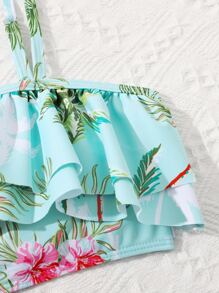 Tween Girl Tropical Print Ruffle Trim Bikini Set With Cover Up Pants Summer Beach - Mint Green - View 3