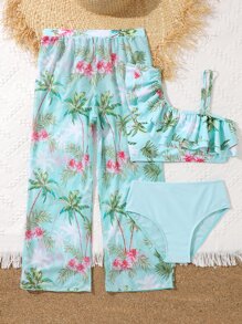 Tween Girl Tropical Print Ruffle Trim Bikini Set With Cover Up Pants Summer Beach - Mint Green - View 4