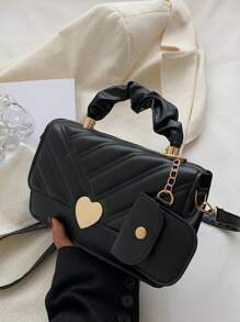 Bolsa cuadrada en relieve geométrico con adorno de corazón con solapa con monedero - Negro - Ver 1