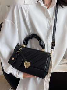 Bolsa cuadrada en relieve geométrico con adorno de corazón con solapa con monedero - Negro - Ver 2