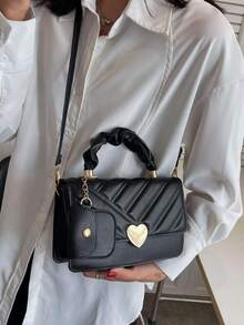 Bolsa cuadrada en relieve geométrico con adorno de corazón con solapa con monedero - Negro - Ver 6