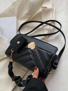 Bolsa cuadrada en relieve geométrico con adorno de corazón con solapa con monedero - Negro - Ver 7