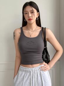 DAZY Letter & Figure Print Crop Tank Top - Dark Grey - View 4