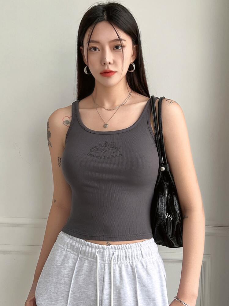 DAZY Letter & Figure Print Crop Tank Top - Dark Grey - View 5