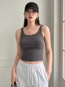 DAZY Letter & Figure Print Crop Tank Top - Dark Grey - View 6