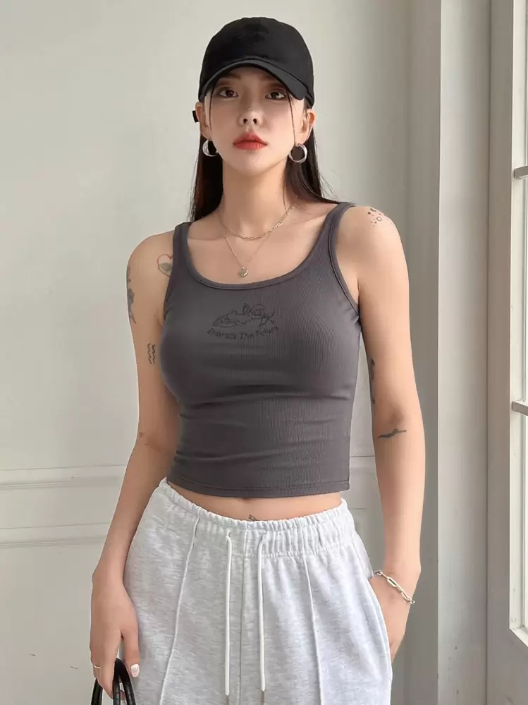 DAZY Letter & Figure Print Crop Tank Top - Dark Grey - View 6