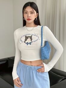 DAZY Bản in khẩu hiệu & Mèo Áo phông Crop - trắng - Xem 4