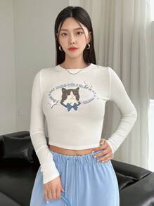 DAZY Bản in khẩu hiệu & Mèo Áo phông Crop - trắng - Xem 6