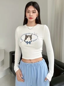 DAZY Bản in khẩu hiệu & Mèo Áo phông Crop - trắng - Xem 7