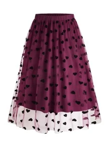 Calvaya Plus Heart Print Mesh Overlay Skirt - Burgundy - View 1