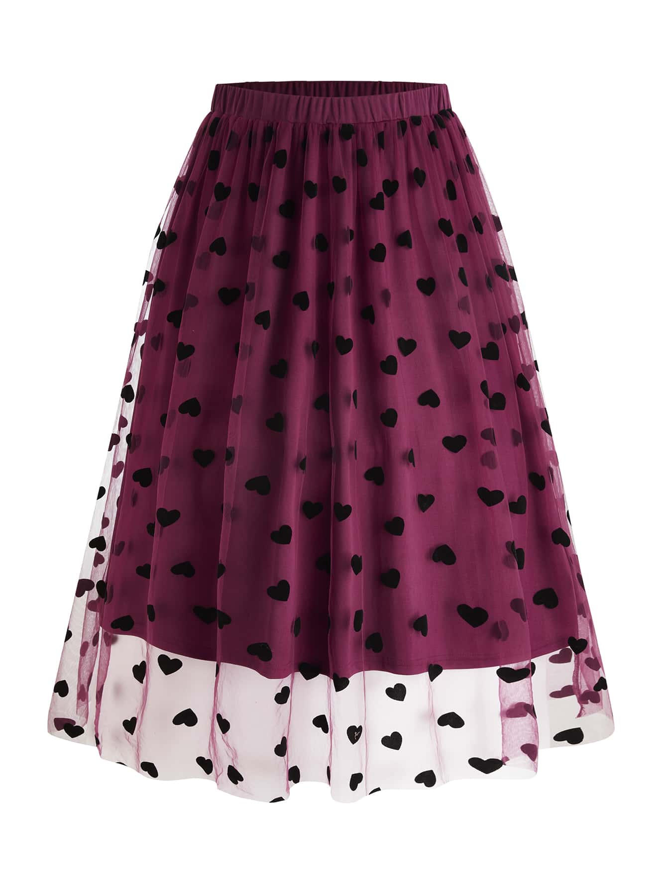 Calvaya Plus Heart Print Mesh Overlay Skirt - Burgundy - View 1
