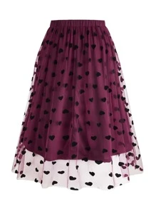 Calvaya Plus Heart Print Mesh Overlay Skirt - Burgundy - View 2