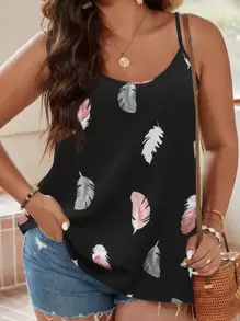 SHEIN LUNE Plus Feather Print Cami Top Graphic Tees Women Tops - Black - View 1