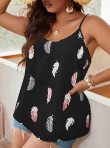 SHEIN LUNE Plus Feather Print Cami Top Graphic Tees Women Tops - Black - View 3