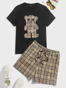 Manfinity RebelGame Men Bear Print Tee & Plaid Drawstring Waist Shorts - Multicolor - View 1