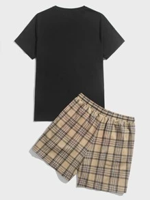 Manfinity RebelGame Men Bear Print Tee & Plaid Drawstring Waist Shorts - Multicolor - View 2