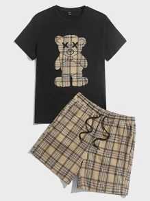 Manfinity RebelGame Men Bear Print Tee & Plaid Drawstring Waist Shorts - Multicolor - View 4