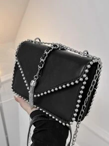 SHIMEINI 1 chiếc Túi đeo chéo một bên vai đính tua rua và hạt cườm thời trang mới 2025, thích hợp cho phụ nữ sử dụng hàng ngày, đi nghỉ, ngày lễ, hẹn hò, làm quà tặng - màu đen - Xem 2