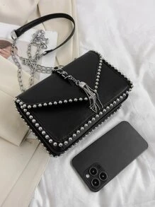 SHIMEINI 1 chiếc Túi đeo chéo một bên vai đính tua rua và hạt cườm thời trang mới 2025, thích hợp cho phụ nữ sử dụng hàng ngày, đi nghỉ, ngày lễ, hẹn hò, làm quà tặng - màu đen - Xem 3