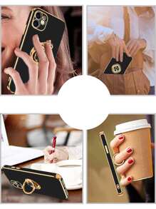 Funda protectora con sujeción magnética compatible con iPhone 16, 15 Pro Max, 14, 13, 12, 11, X, XR, XS Max, 7, 8, 8 Plus, con soporte de anillo dorado 6D