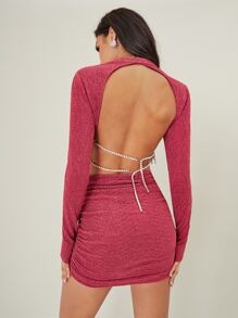 SHEIN BAE Cut Out Front Crop Top & Ruched Bodycon Skirt - Rose Red - View 2