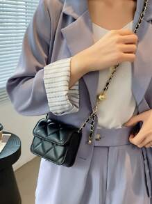 春夏简约百搭，质感十足，金色球链肩带，可挎可挎，迷你包 - 黑色 - 查看 3