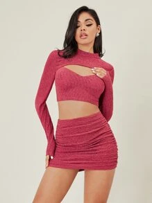 SHEIN BAE Cut Out Front Crop Top & Ruched Bodycon Skirt - Rose Red - View 1