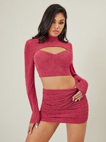 SHEIN BAE Cut Out Front Crop Top & Ruched Bodycon Skirt - Rose Red - View 6
