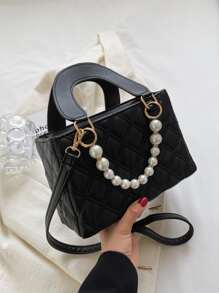 Quilted Detail Faux Pearl Decor Square Bag - Black - View 1