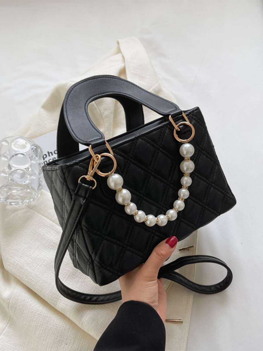 Quilted Detail Faux Pearl Decor Square Bag - Black - View 1