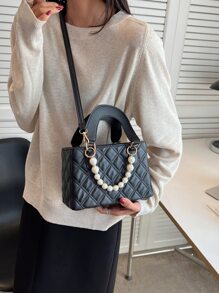 Quilted Detail Faux Pearl Decor Square Bag - Black - View 2