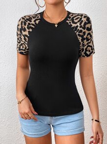 SHEIN Privé 豹紋印花插肩袖T恤 - 黑色 - 查看 3