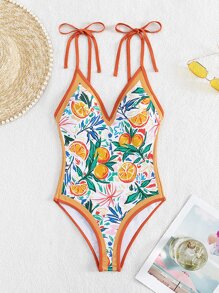 Swim Vcay Summer Beach Fruit Print Tie Shoulder One Piece Swimsuit - Multicolor - View 6