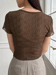 DAZY Áo nữ Xù nhỏ Nút phía trước màu trơn Giải trí - Cà phê nâu - Xem 2