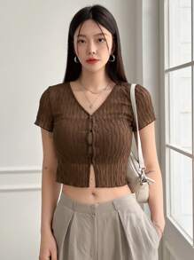 DAZY Áo nữ Xù nhỏ Nút phía trước màu trơn Giải trí - Cà phê nâu - Xem 4