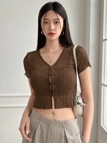 DAZY Áo nữ Xù nhỏ Nút phía trước màu trơn Giải trí - Cà phê nâu - Xem 5