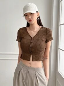 DAZY Áo nữ Xù nhỏ Nút phía trước màu trơn Giải trí - Cà phê nâu - Xem 6