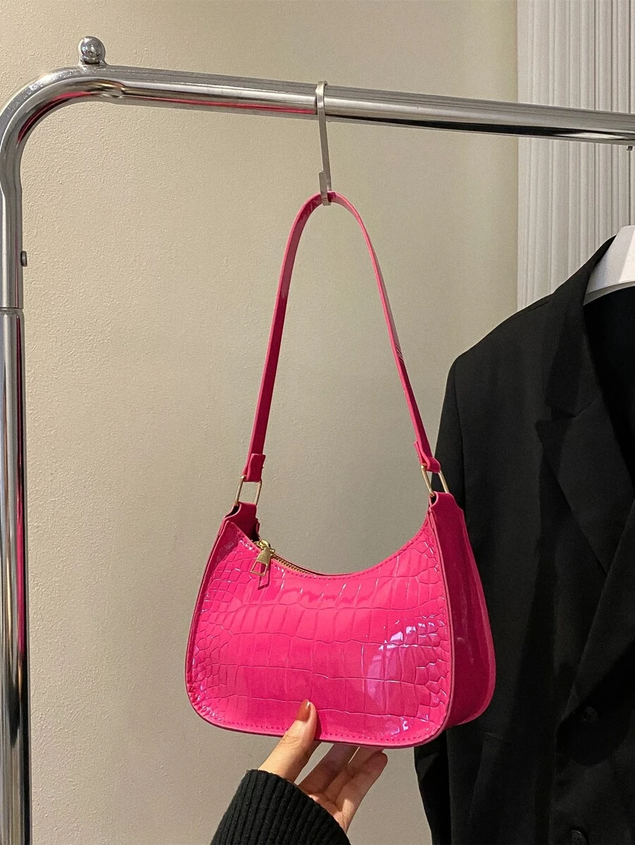 Mini Neon Pink Crocodile Embossed Hobo Bag - Hot Pink - View 1