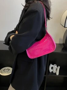 Mini Neon Pink Crocodile Embossed Hobo Bag - Hot Pink - View 4