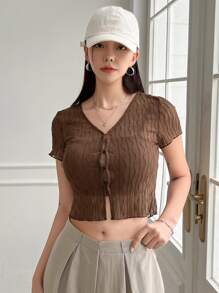 DAZY Áo nữ Xù nhỏ Nút phía trước màu trơn Giải trí - Cà phê nâu - Xem 7