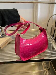 Mini Neon Pink Crocodile Embossed Hobo Bag - Hot Pink - View 8